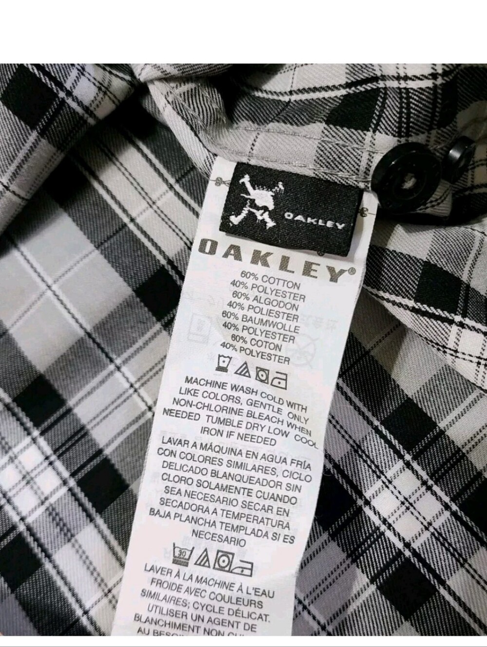 OAKLEY Plaid Shirt Men's XL Lightweight Gray Black EUC Button Up Long Sleeve - Picture 4 of 8